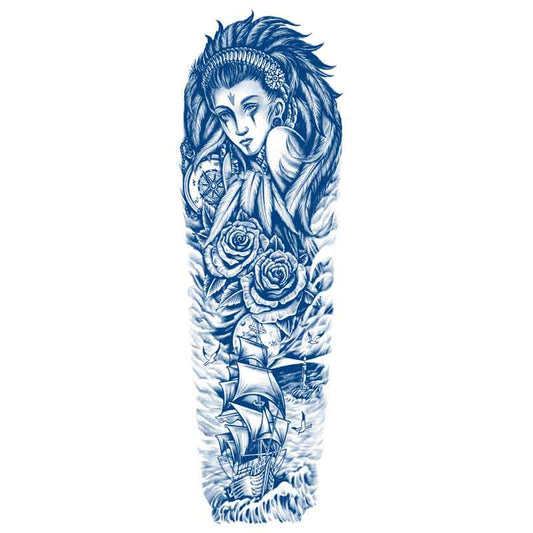 Indian Girl Rose Sailboat Tattoo Sticker Full Arm Long Lasting Tattoo Sticker（GZQB-026）
