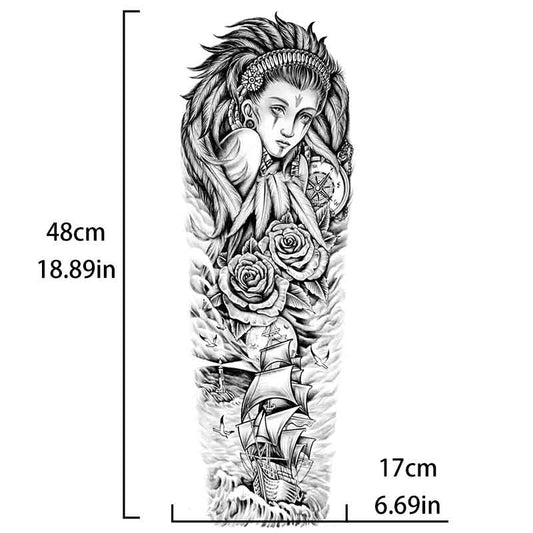 Indian Girl Rose Sailboat Tattoo Sticker Full Arm Long Lasting Tattoo Sticker（TQB-275）