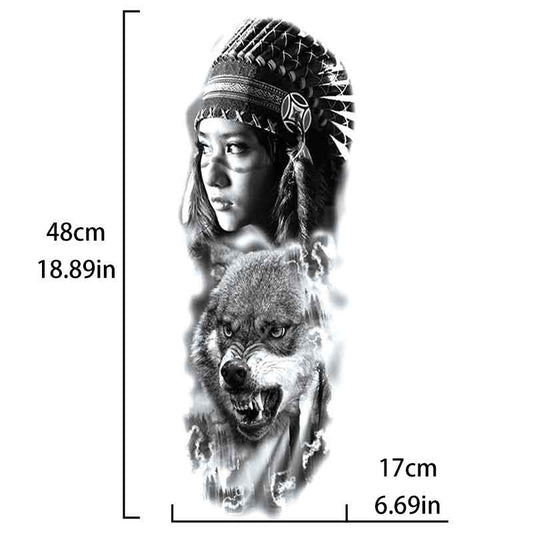 Indian Girl Wolf Tattoo Sticker Full Arm Tattoo Sticker(TQB-076)